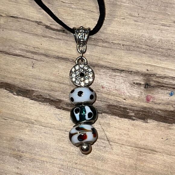 Bead With Rhinestone Accent Necklace On Cord Hand Crafted - Picture 1 of 7